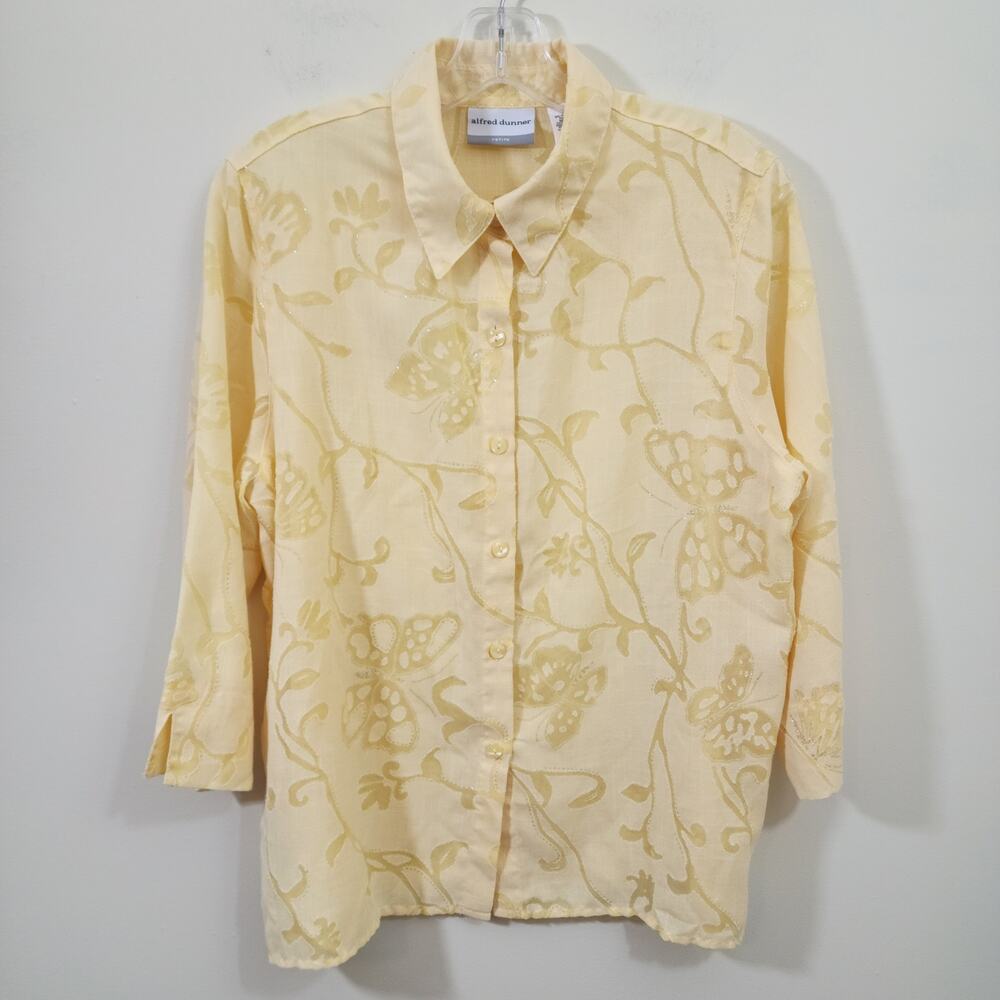 Alfred Dunner sheer sparkly butterfly pattern 3/4 sleeve button front shirt 14P‎